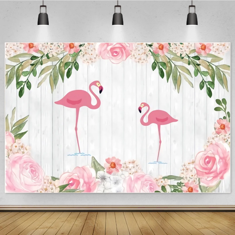 Flamingo Backdrops Pink Birthday Party Flowers Watercolor Gray Plank Poster Baby Photographic Backgrounds Photocall Photo Studio