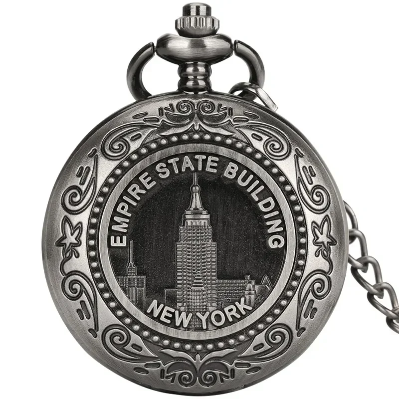 

Antique Pocket Watch Men Women Quartz Movement Clock New York Empire Building Design Necklace FOB Chain Collectable Timepiece