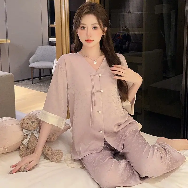 Ice Silk Pajamas Women's Chinese Style Disc Buckle Jacquard Loungewear Women Summer Thin three-quarter Sleeve Clothes for Women