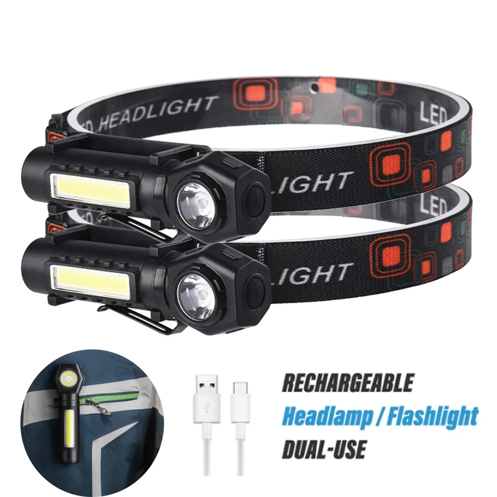 Waterproof LED Headlamp COB Work Light 2 Light Modes with Magnet USB Headlight Built-in Battery Suit for Fishing, Camping, Etc.