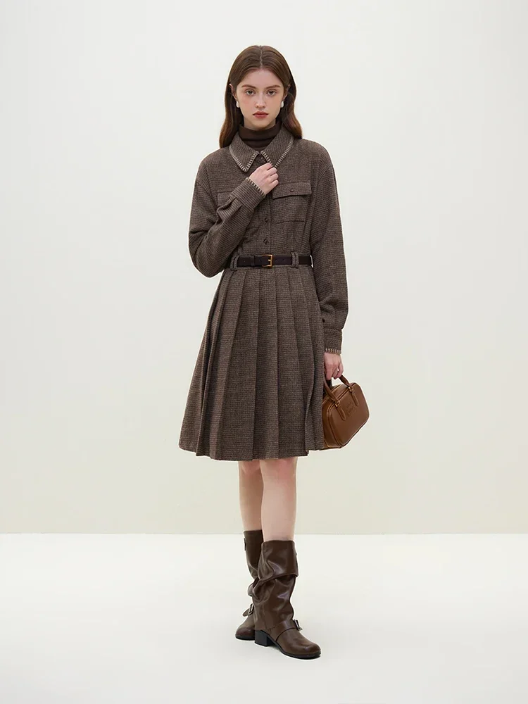 FSLE 22.9% Wool Polo Neck Women Brown Plaid Stripe Knee-Length Dress Belt Design Winter Commuter Pleated Skirts Shirt Dresses