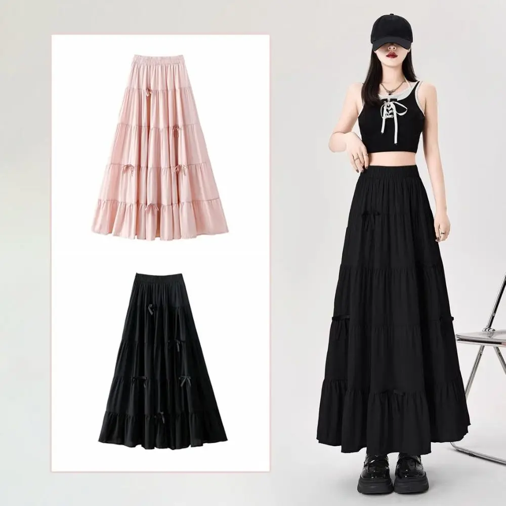 Vintage bowknot em camadas midi saia altura cintura cor sólida bolo longo a linha saias plissado chique sete pontos vestido longo menina