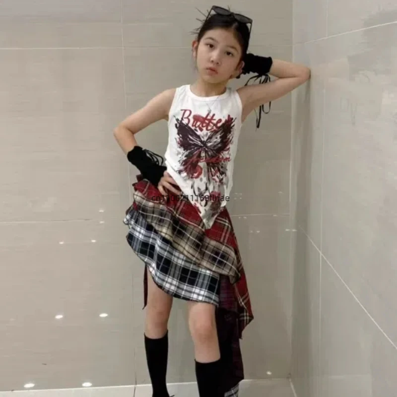 Traje de dança de rua infantil, top curto exposto para meninas, calças de saia xadrez, fantasia de performance de dança jazz