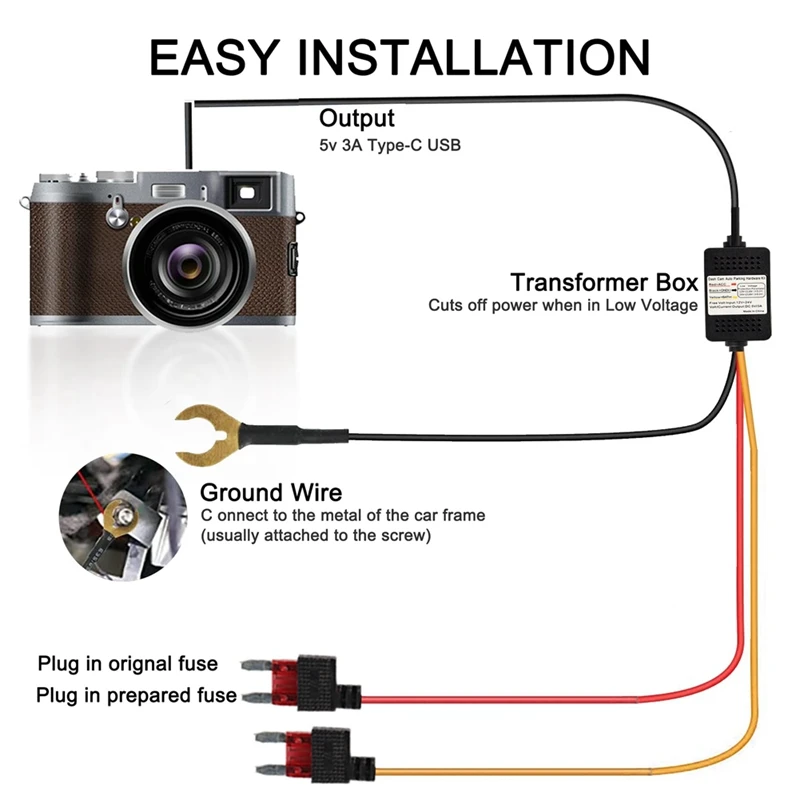 Dash Cam Acc Hardwire Kit, USB Type C Dashcam Kit Step-Down Cable, 12V-24V To DC 5V 3A Car Dash Charger Power Cord