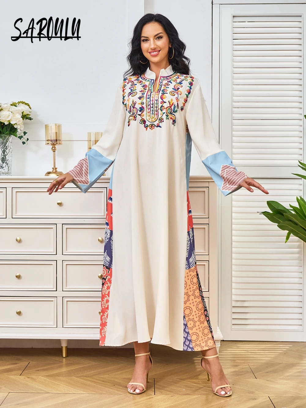 Dubai Chic Embroidery A Line Evening Dress Elegant High Neck Casual Party Date Robe Charming Kaftan Customized Arabic Prom Gown