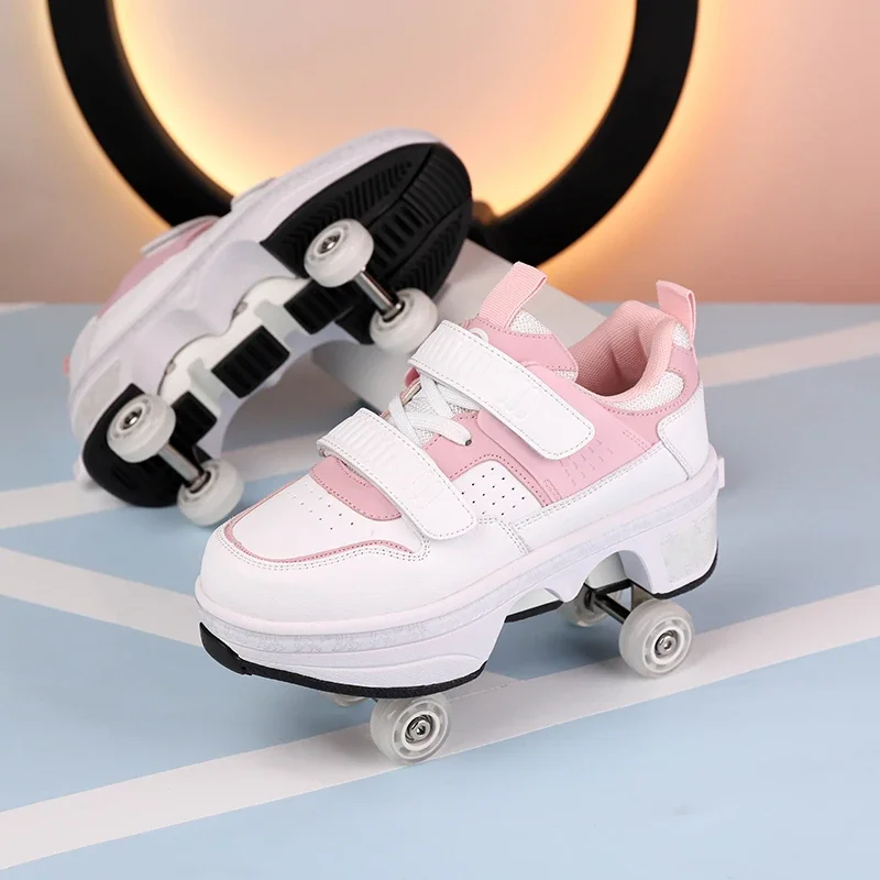 

Children Wheels Shoes Roller Sneakers With 4 Wheels Skates Adult Runaway Parkour Deformation Shoes For Women Men Youth Kids Gift