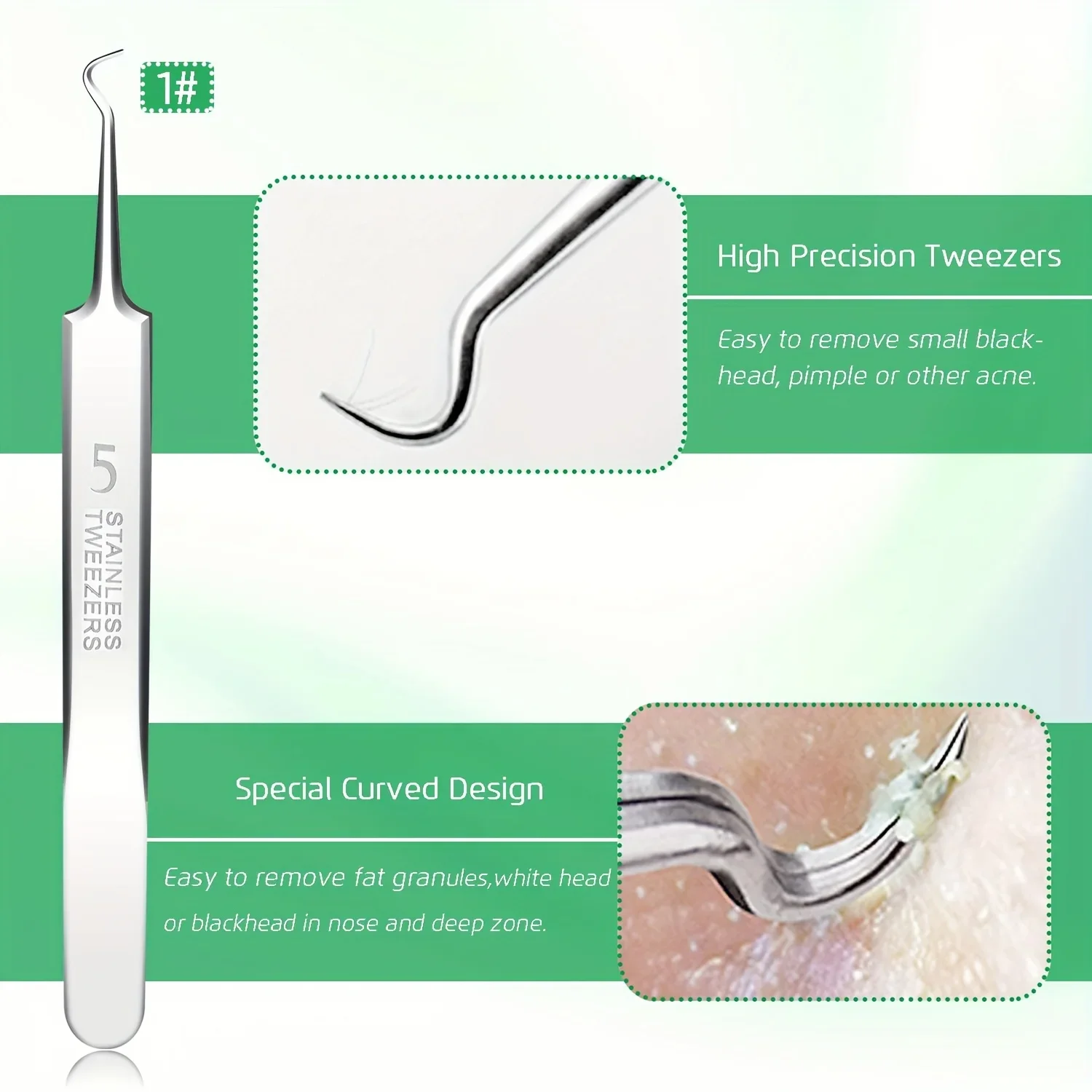 5 pçs removedor de cravo extrator de comedone, kit de pinças de cravo curvadas, profissional inoxidável espinha acne remoção de manchas também