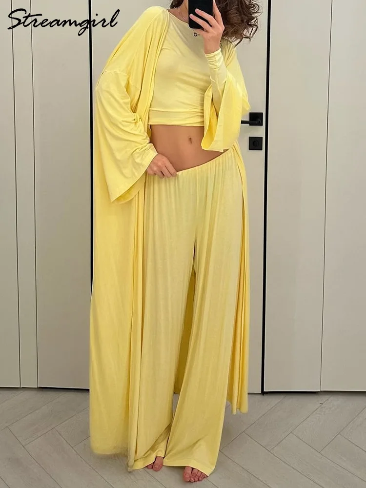 

Wide Leg Pant Sets Women 3 Pieces Long Sleeve Tops Suits Brown Summer Cardigans Women Long Loose Pants For Women Outfits