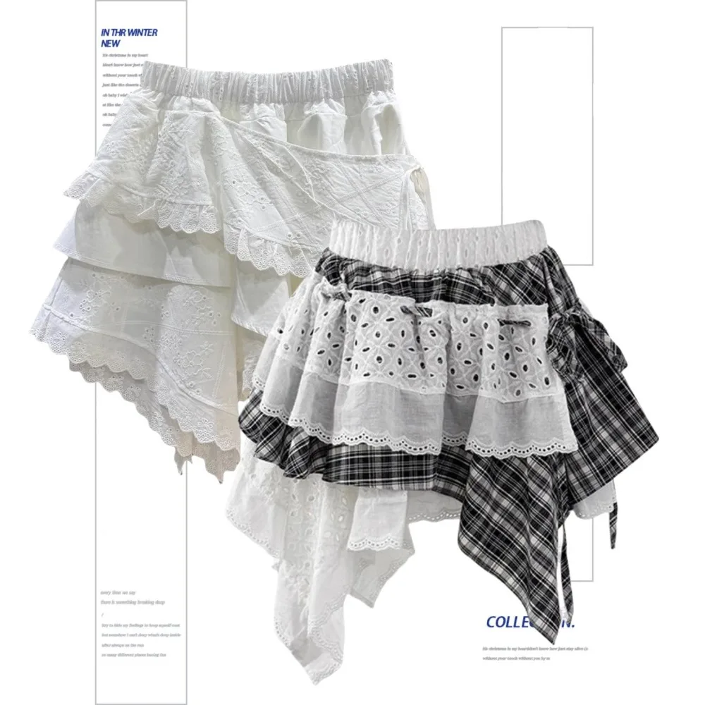 Y2K Irregular Lace Spliced Plaid Skirt Women Spring Summer 2025 Design Sense High Street A-line Short Skirt White Mini Skirt