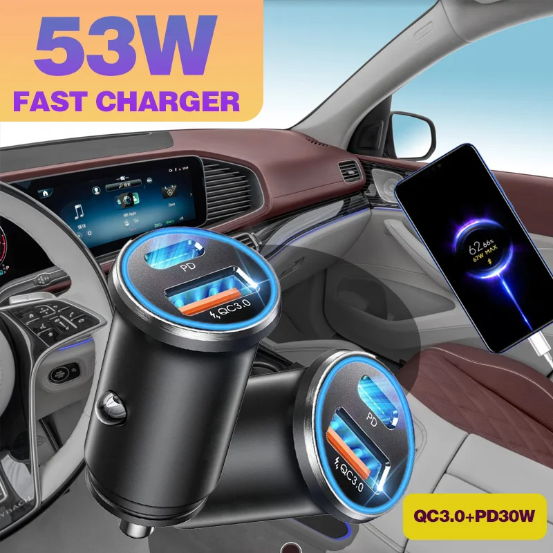Max 60W Aluminum Alloy Dual-Port 30W PD Fast Charging Car Charger QC3.0 Super Fast Charging USB Car Cigarette Lighter Adapter