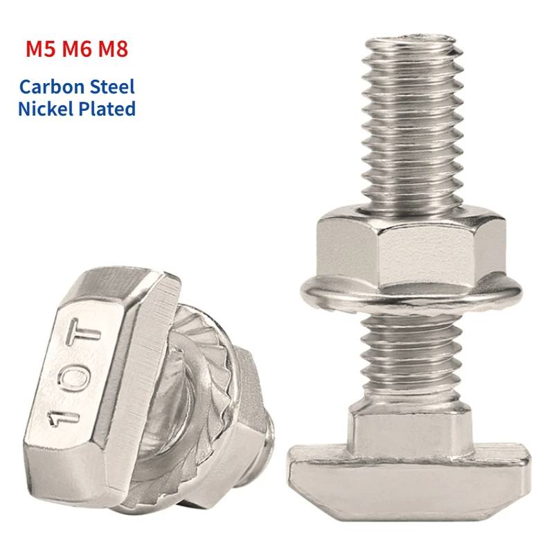 

M5 M6 M8 T Bolt Screw and Hexagon Flange Nuts Nickel Plated for 20/30/40/45 Series European Standard T-Slot Aluminum Profile