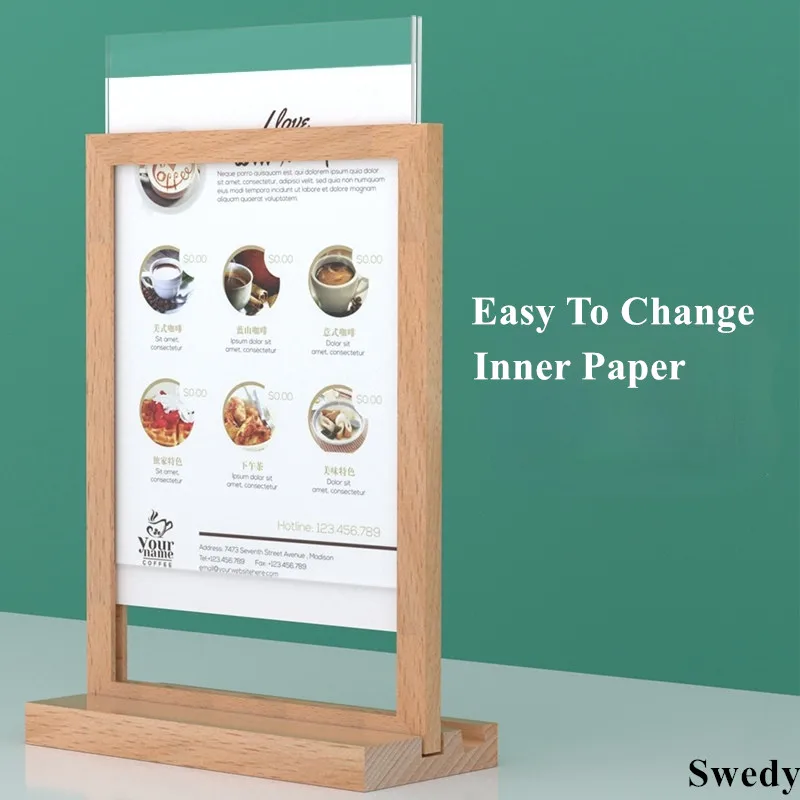 A6 100X150MM T / L Shape Wood Base Countertop Acrylic Menu Paper Sign Holder Display Stand Table Poster Picture Photo Frame