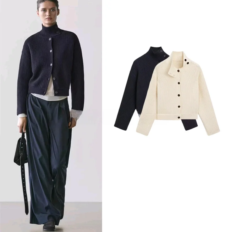 

Spring New Women's Commuter Sle Straight Tube Single Button High Collar Long Sve Knitted Open Cardigan Polyester Fiber