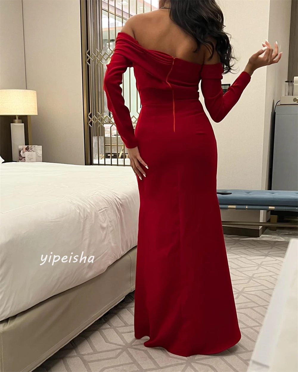  Jersey Pleat Ruched Draped Christmas Sheath Off-the-shoulder Bespoke Occasion Gown Long Sleeve Dresses