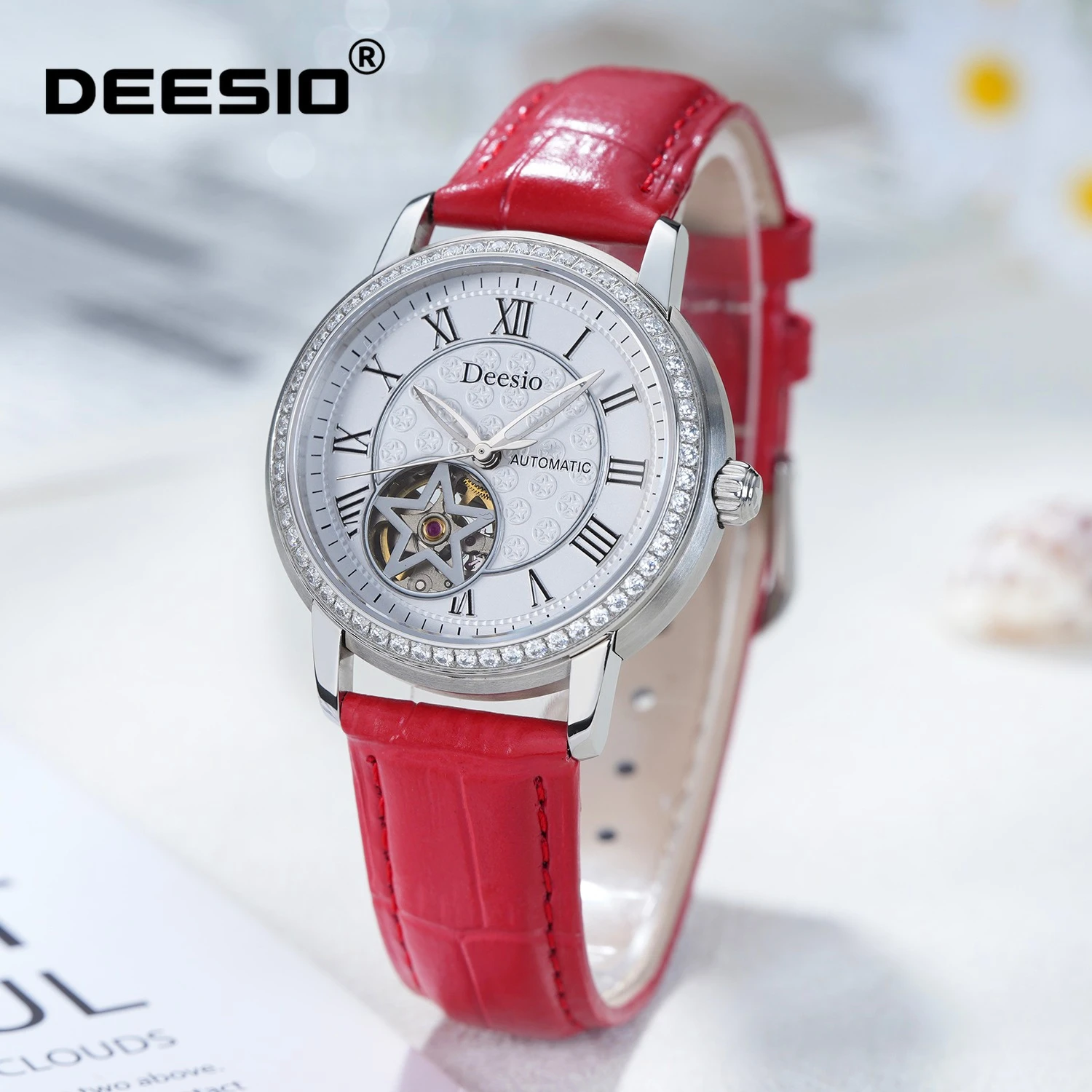 Deesio Women's Automatic Mechanical Watch Stainless Steel Skeleton Inlaid Crystal Dial 50m Water Resistant Fashion Luxury Gift