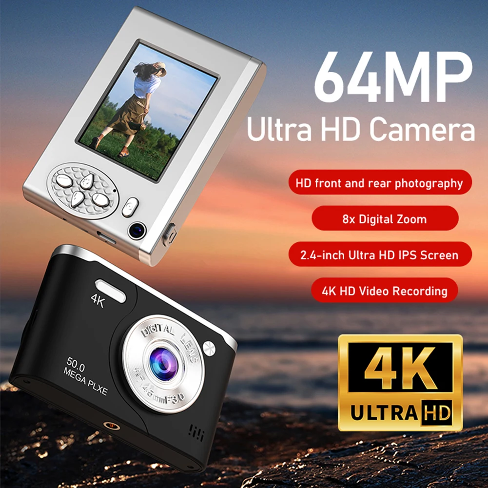 64MP 4K Digital Camera 8x Digital Zoom Mini Mirrorless Camera with Fill Light Photography Camera for Kids Students Photo Video