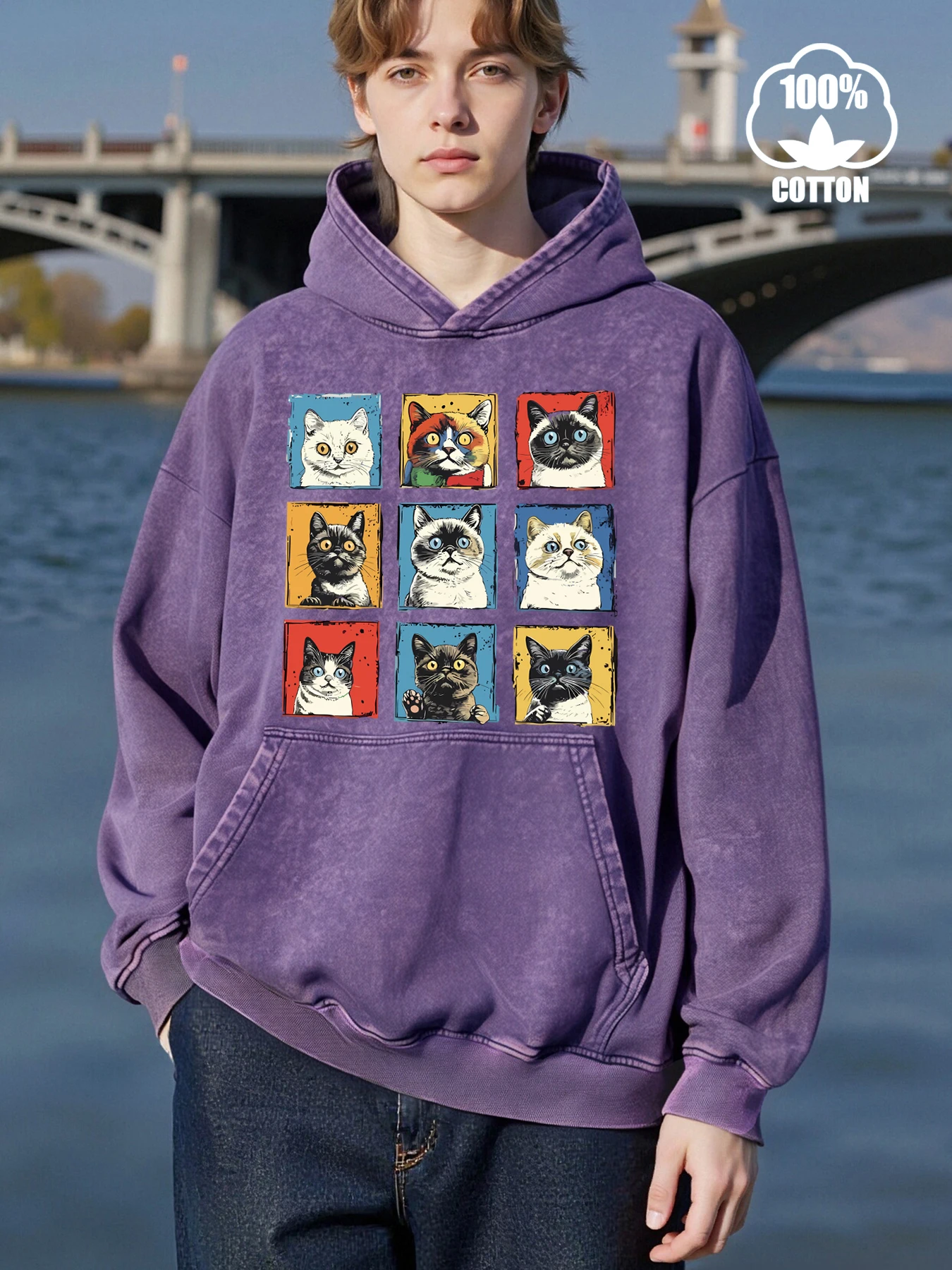 التعبير المختلف القطط طباعة الرجال الملابس لطيف فضفاض الشارع الشهير مضحك جيب هوديس الخريف أزياء القطن الرياضية #3