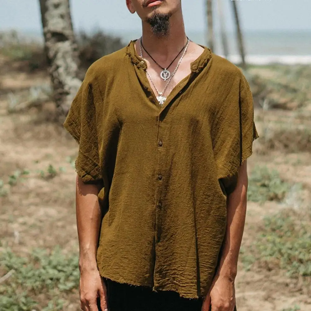 

Summer Shirt Loose Single Breasted Solid Color Crew Neck Lightweight Summer Men Short Sleeve Cotton Linen Shirt Men Clothing