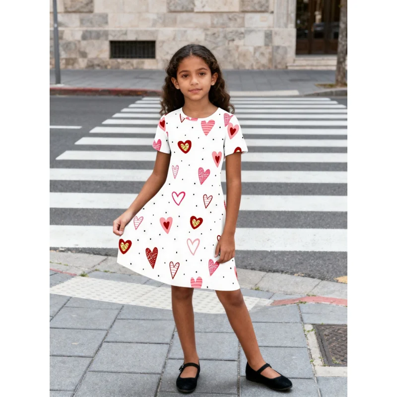 2025Girls Short Sleeve Dress - Cute Heart Print Flowy Sundress for Kids, Valentine's Day Casual Party Dress