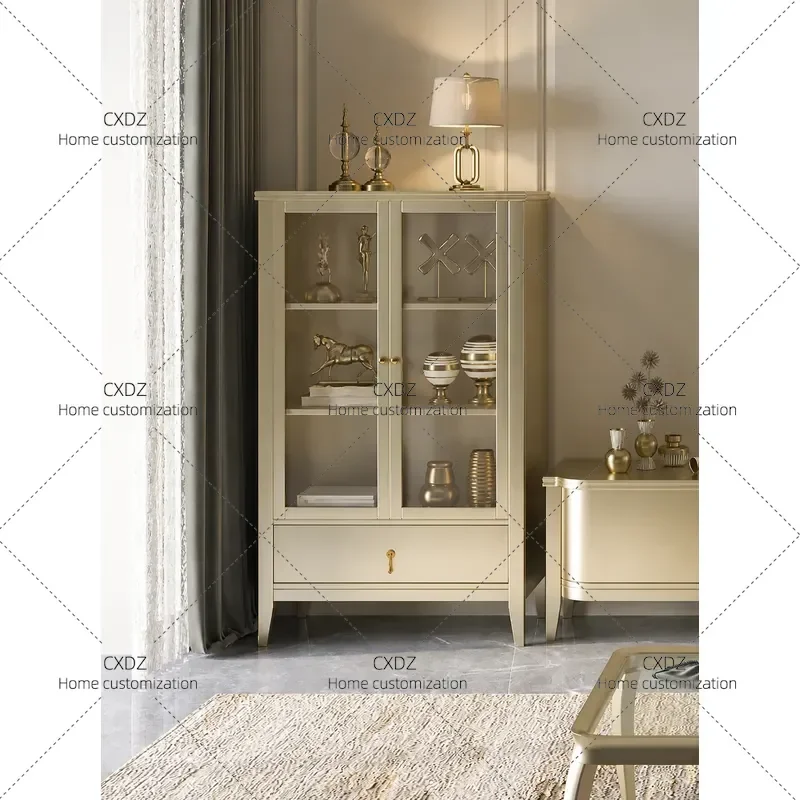 Light Luxury Solid Wood Double Door Wine Cabinet Modern Simple Sideboard Vertical Storage Unit with Glass Doors for Living