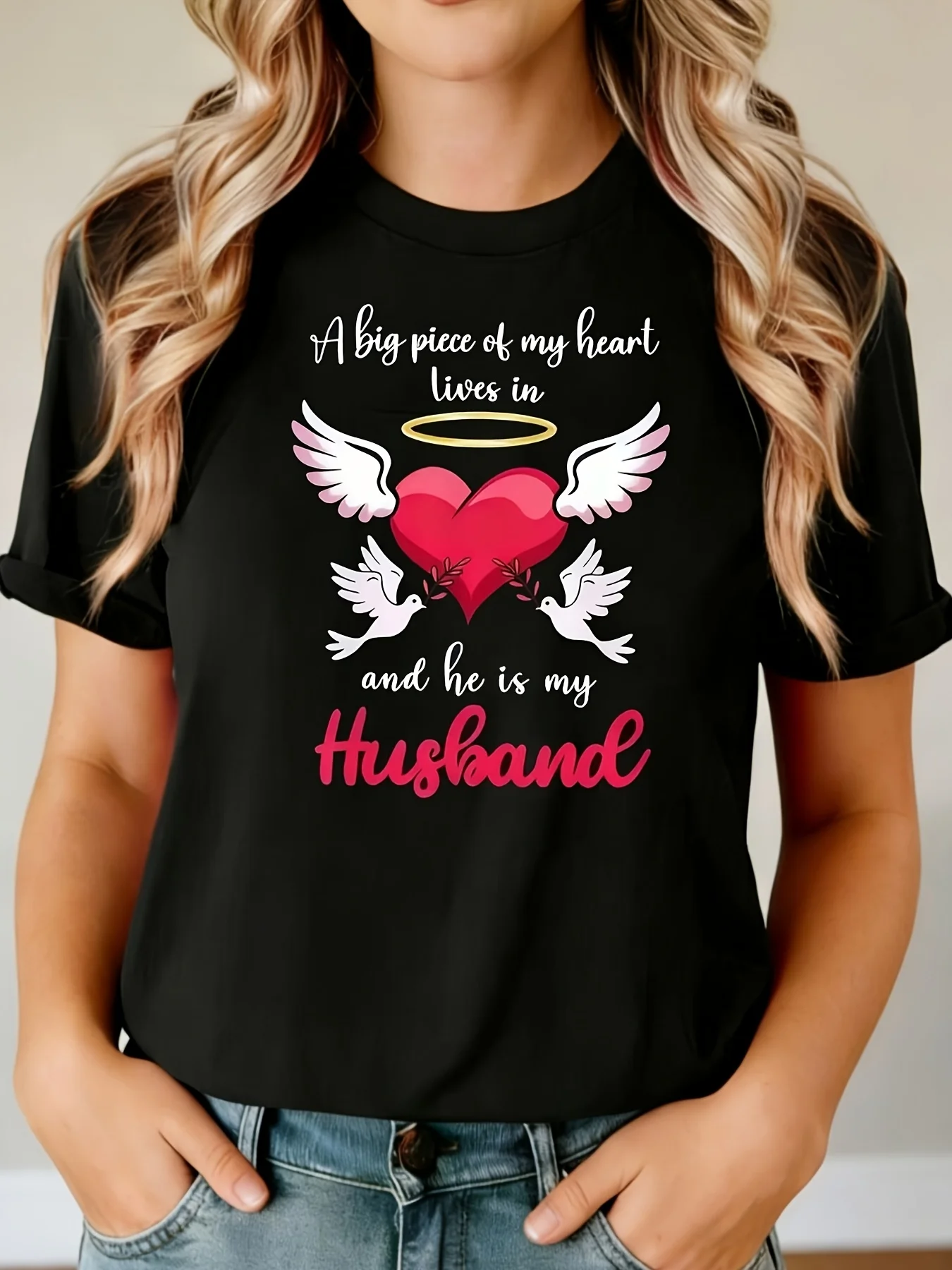 Women Christian Faith Printed Crew Neck T Shirt with Hearts Doves Wings and Olive Branch My Beloved Is My Husband Casual Fashion