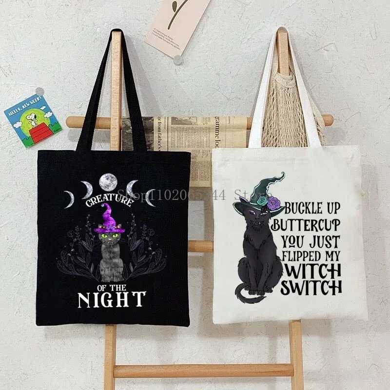 Halloween Witch Cat Tote Bag Gothic Black Cat Shopper Halloween Party Gift Shopping Bag Spooky Season Funny Animal Women Handbag