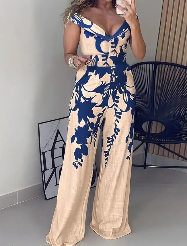 

Jumpsuit Women 2025 Summer Fashion Floral Print One Shoulder Plunge Pocket Design High Waist Casual Wide Leg Long Jumpsuit