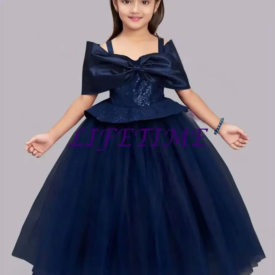 ชุดเดรสงานเลี้ยงสำหรับเด็กผู้หญิง สีกรมท่า สายเดี่ยว แขนคลุมไหล่ สไตล์เจ้าหญิง ประดับดอกไม้ สำหรับงานแต่งงาน อายุ 2-14 ปี ชุดเดรสงานประกวดวันเกิด ประดับเลื่อม สามารถสั่งตัดได้