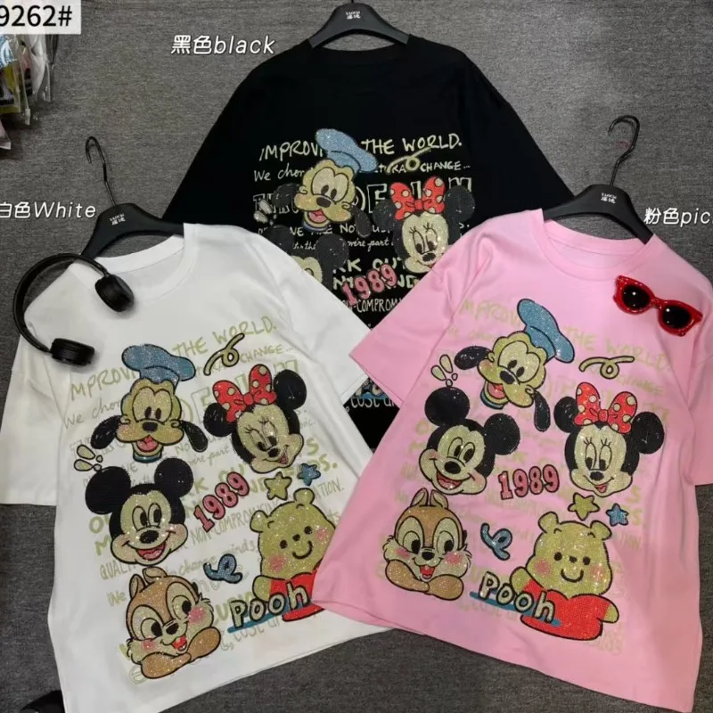 Fashion Cartoon Hot Drilling Short Sleeve T-shirt Women New Summer Loose O-neck Pullover Top All-match Sweet Students Cotton Tee