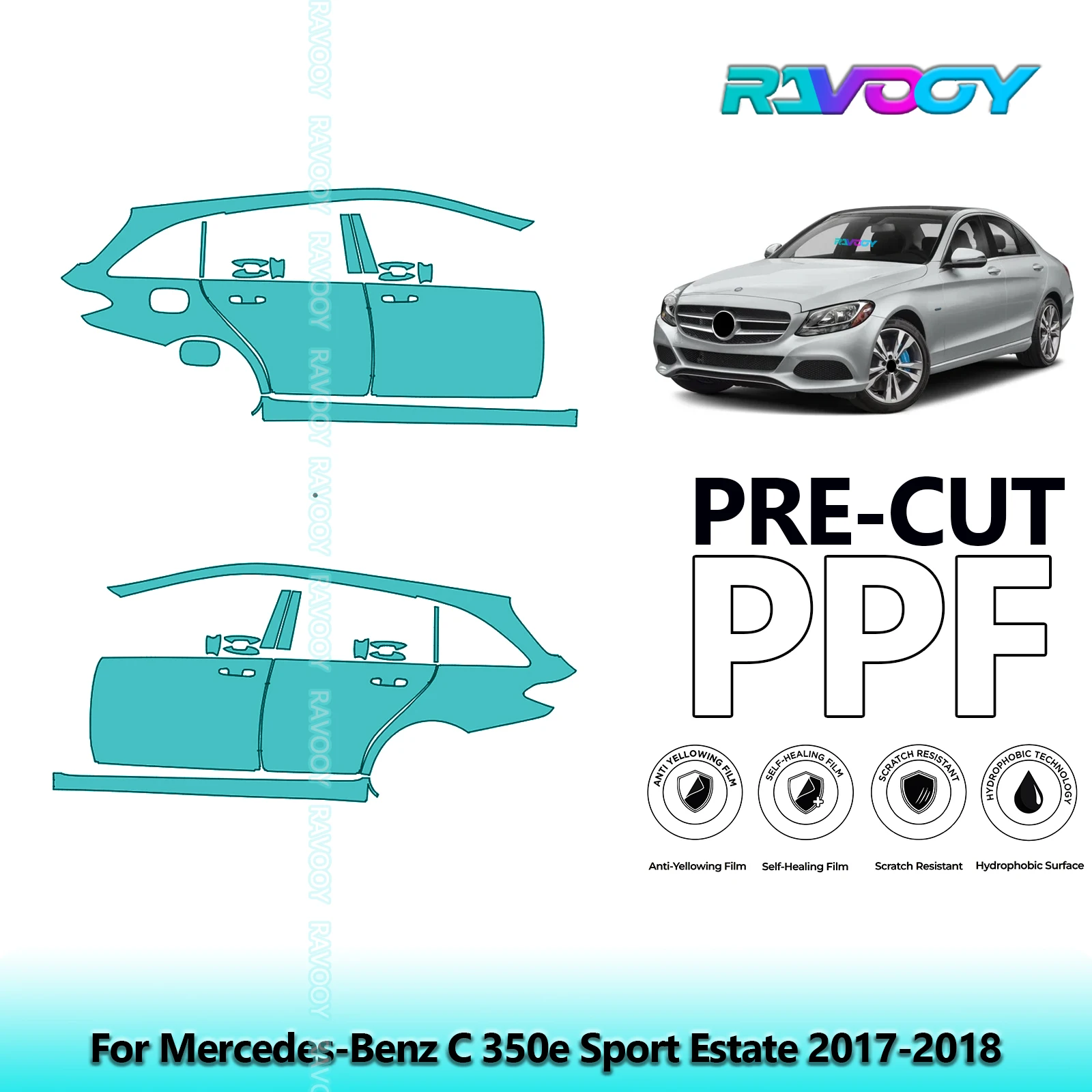 

For Mercedes-Benz C 350e Sport Estate 2017-2018 8.5mil Pre-Cut PPF Door & A/B Pillar Kit TPU Paint Protection Film Set
