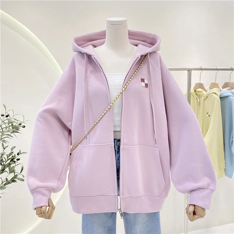 

plus Size 300 Pounds Hoodie Women's Casual Loose Lazy Style Zipper Open Cardigan Jacket Korean Version Cotton Polyester Blend