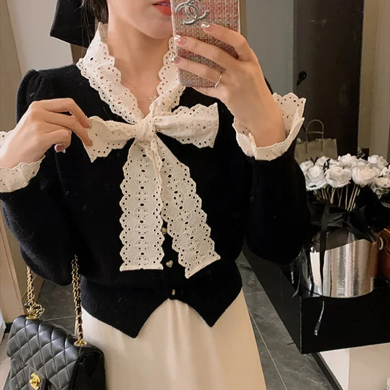 Suéter de encaje dulce para Mujer, abrigo con lazo, ropa de Mujer, suéter de punto liso con cuello redondo, abrigo Vintage coreano para Mujer