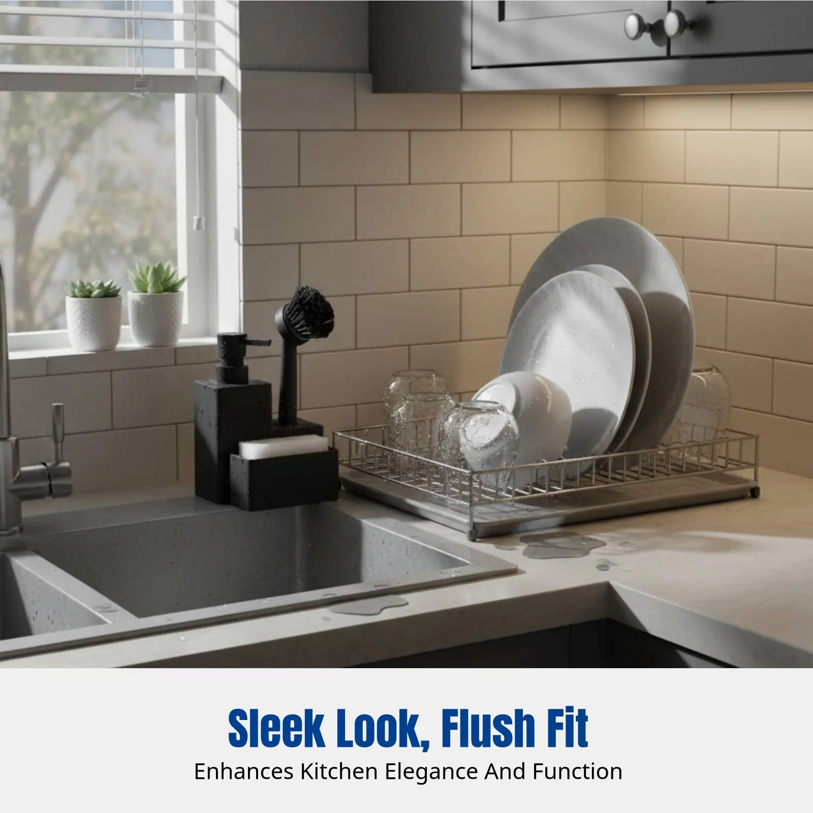 

Triple-Function Soap Dispenser, Dishwashing Brush, Kitchen Sponge Organizer, Space-Saving, Black