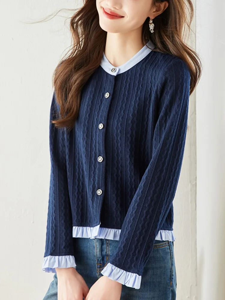 Color Blocking Splicing Fake Two-piece Knitted Cardigan Spring Autumn Women Long Sleeved Single Breasted Jacket Casual Short Top