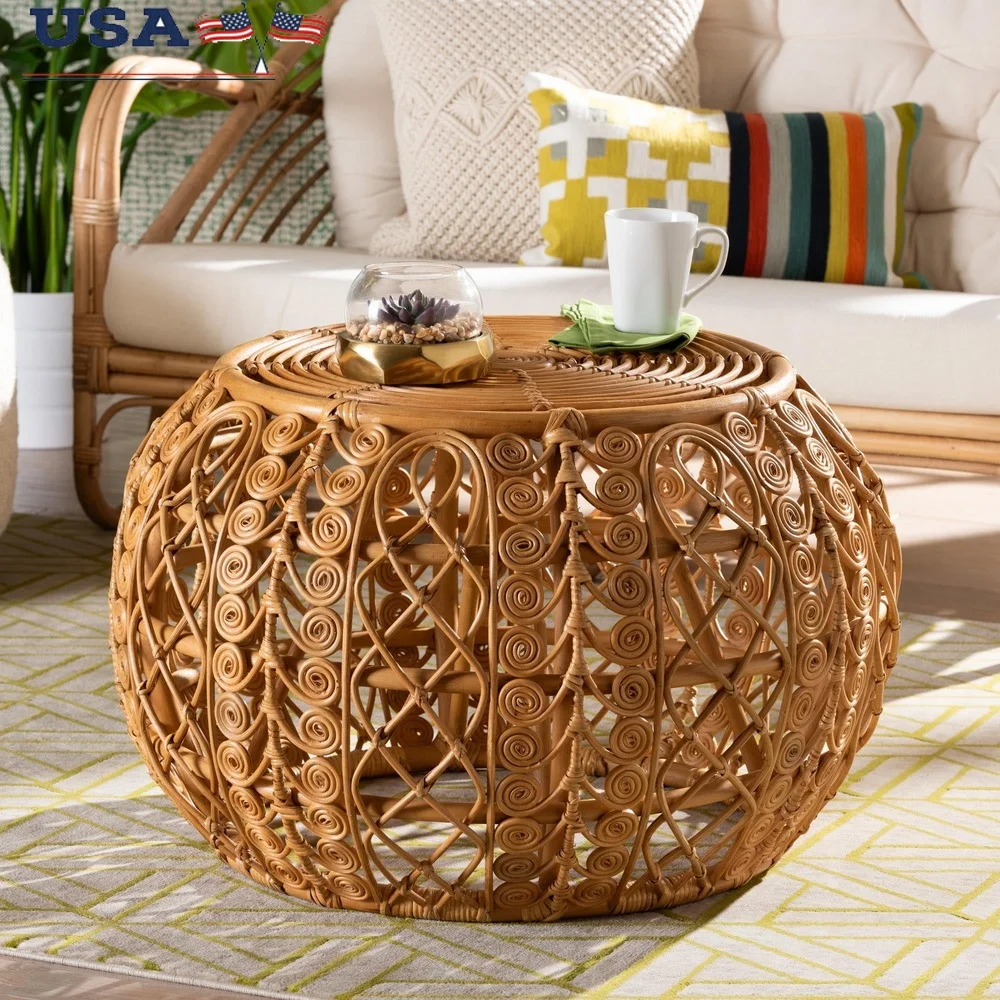 Bohemian Natural Rattan Coffee Table Round Openwork Design Lightweight Fully Assembled Indoor Use Geometric Curled Base