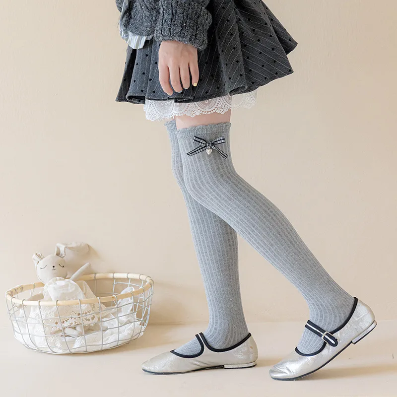 White Bow Children's Long Socks Spring Autumn Cute Girls School Stockings JK Kids Cotton Leggings Black Over Knee High Socks