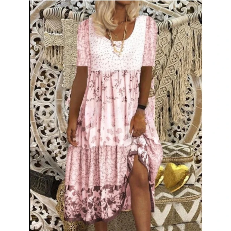 New Fashion Plus Size Women Summer Printed Dress Casual Round Neck Short Sleeve Hawaiian Luau Beach Flowy Party Midi Sundress