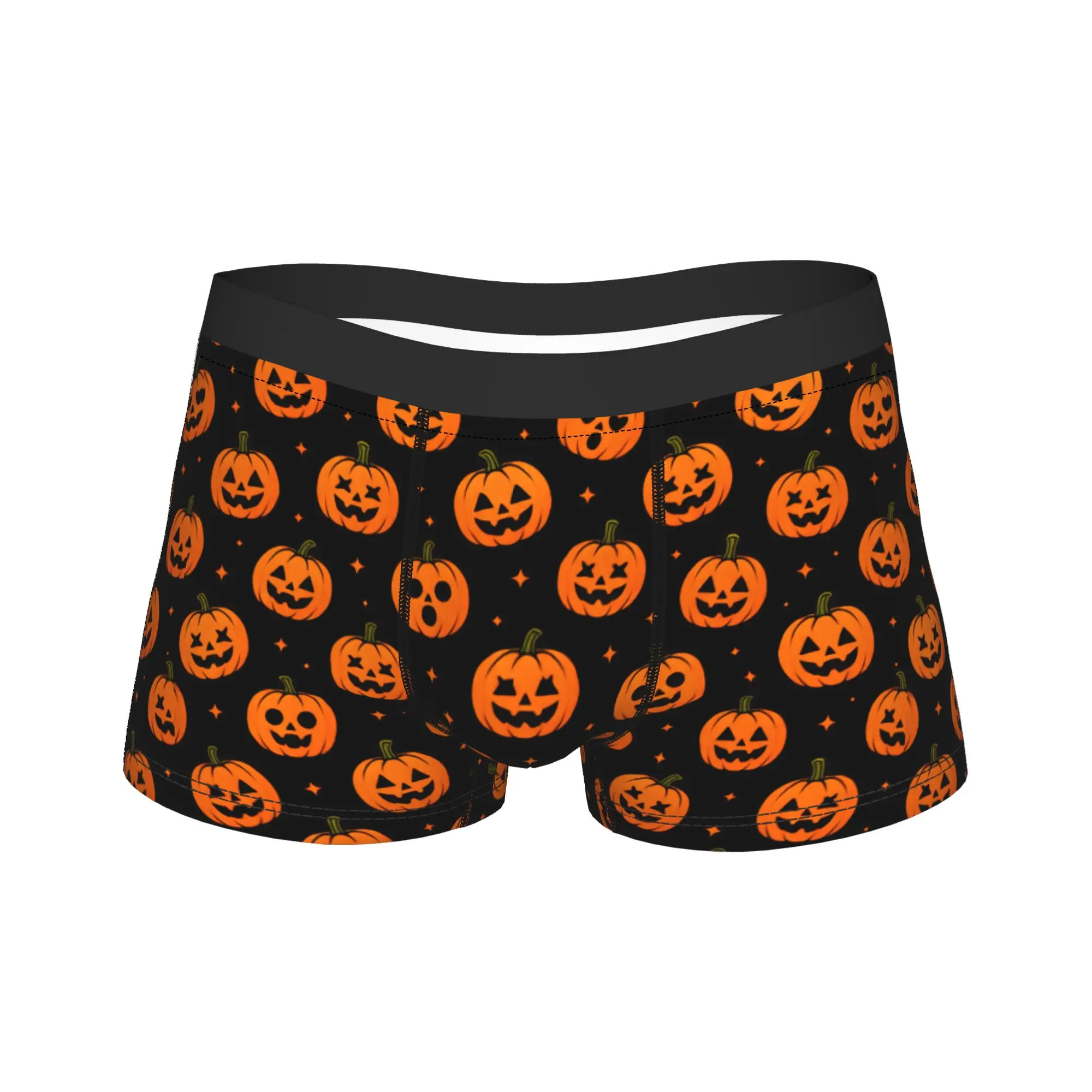 Halloween Different Face Pumpkin Seamless Pattern Black Background Boxer Shorts  3D Pouch Underwear High Quality Boxer Brief