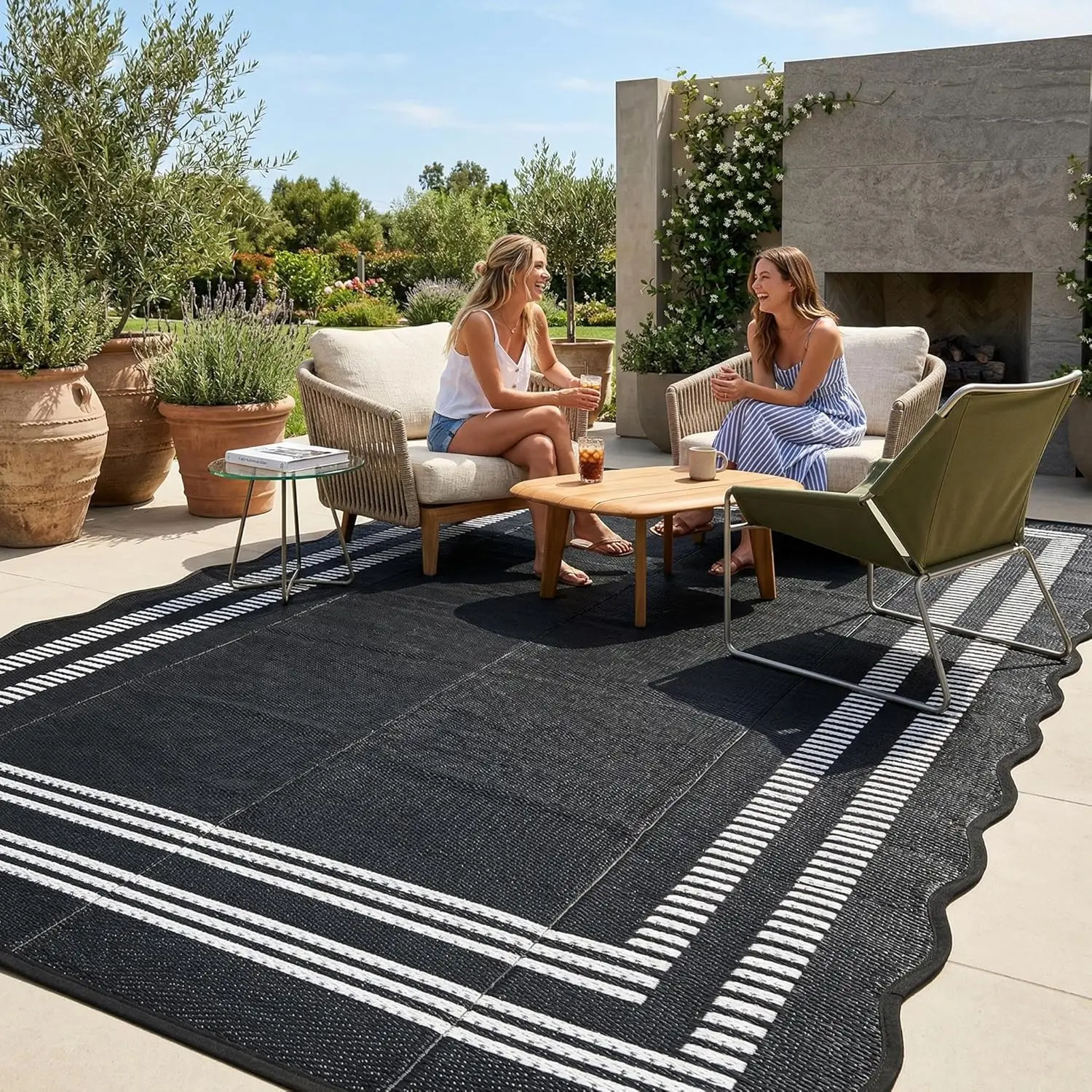 

Waterproof Outdoor Rug 8x10, Scalloped Geometric Foldable Plastic Straw Patio Camping Rug, Outdoor RV Carpet for Deck Camper Por