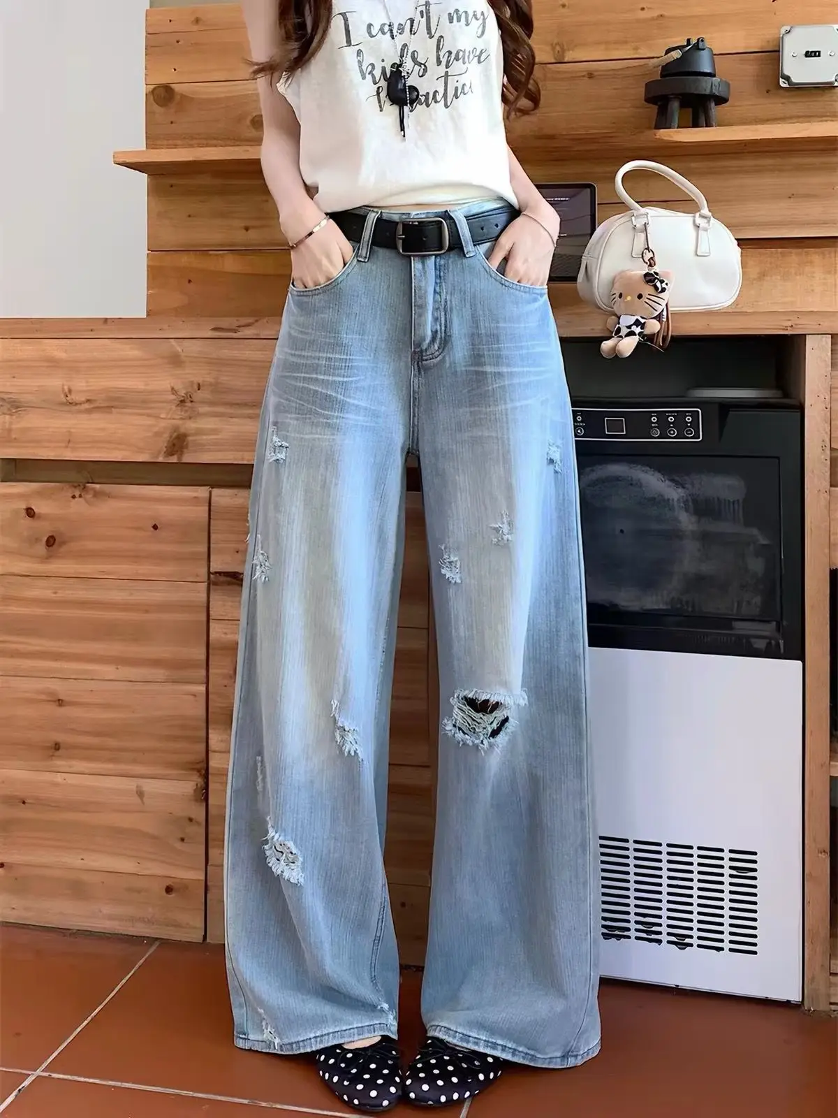 Blue Distressed High Waist Straight Wide Leg Jeans Women Summer Retro Loose Casual Streetwear Pants