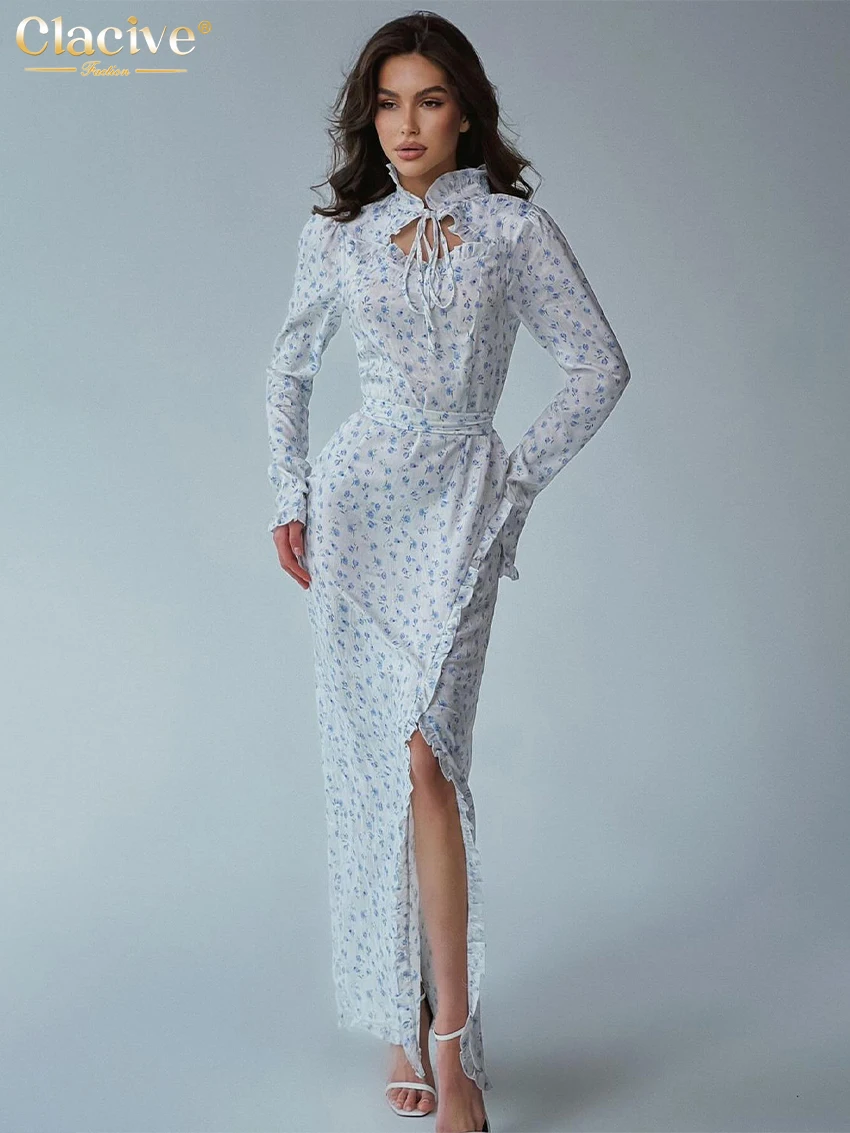 

Clacive Fashion Loose Print Women's Dress 2024 Elegant Stand Collar Sleeve Dresses Vintage Classic High Waist Slit Female Dress