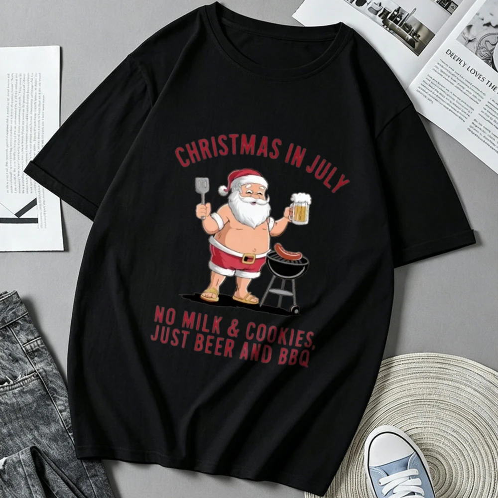 Christmas in July Santa BBQ Beer Graphic No Milk & Cookies Just Beer and BBQ Print Casual Tops Funny Holiday Party Tshirt Gift