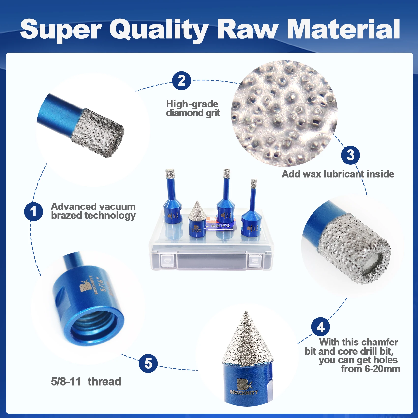 Imagem -04 - Brschnitt-diamond Drills Core Bits Grupo Chanfrar Porcelanato Granito da Coroa 11 Thread mm mm 10 mm 20 mm Pcs por Caixa