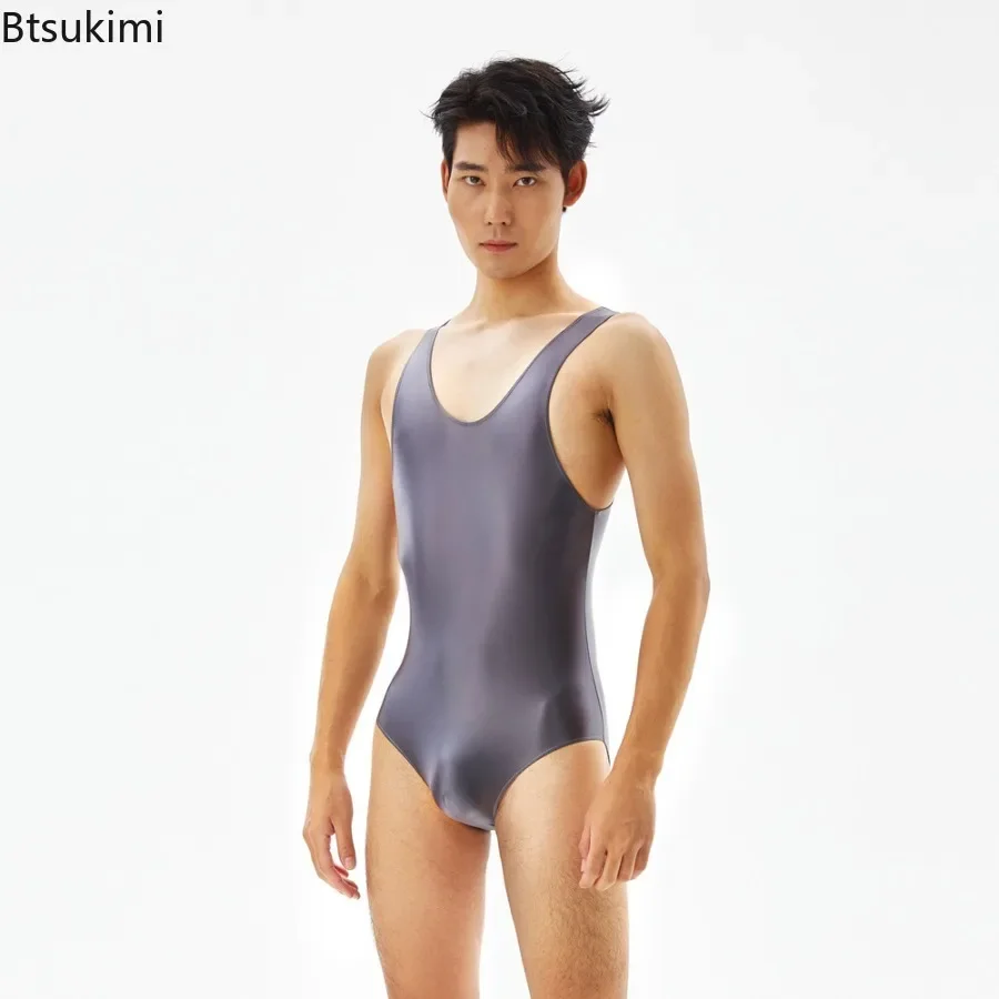 New Men's Sexy Oil Shiny Bodysuits High Elastic Tights Slim One-piece Underwear Fashion Sleeveless Onesies Bodybuilding Jumpsuit