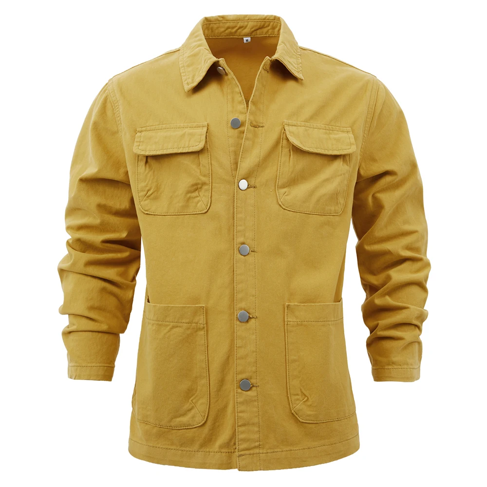 Men's Casual Denim Shirt Muti-Pocket Cargo Jean Top Lapel Long Sleeve Cotton Outerwear Turmeric Yellow