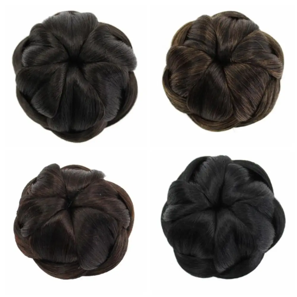 High Temperature Fiber Synthetic Fake Hair Bun Natural Braided Curly Chignon Flower Ring Bun Trendy Bride Hairpiece Female