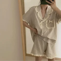 Plaid Sleepwear Women Pajama Sets Korean Summer Piiama Sets 2 Pieces Bow Night Wears Short Sleeve Pyjamas Pocket Home Suit 2024