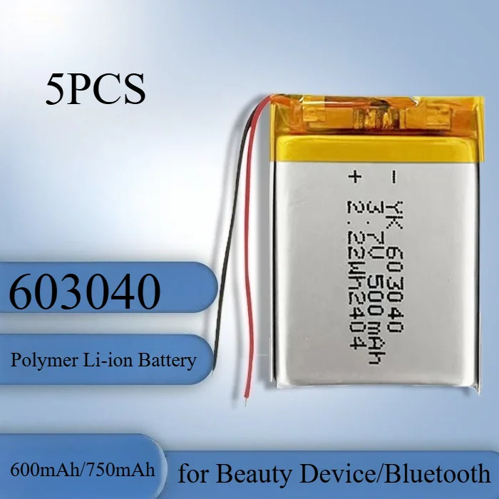 

750mAh/600mAh 603040 Polymer Li-ion Battery 3.7V Rechargeable for Beauty Device/Bluetooth Headset Lightweight Lithium Battery