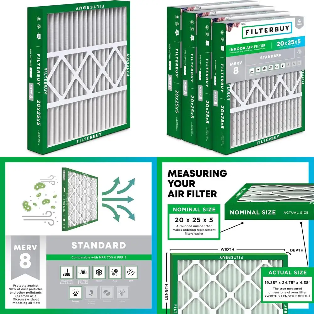 

20x25x5 MERV 8 Air Filter, 4-Pack, Pleated for HVAC Systems, Actual Size: 19.88x24.75x4.38