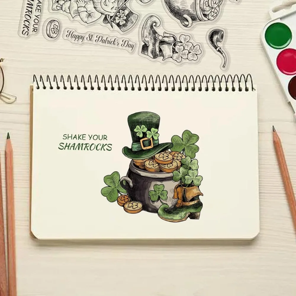 1Sheet St. Patrick's Day Clear Stamps Lucky Grass Stamps Golden Rubber Transparent Rubber Seal Stamps